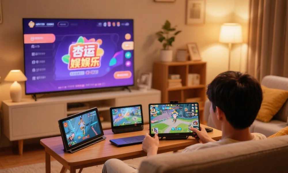 玩家在家中使用多种终端设备畅玩游戏,环境温馨安全,屏幕上显示杏运娱乐界面风格